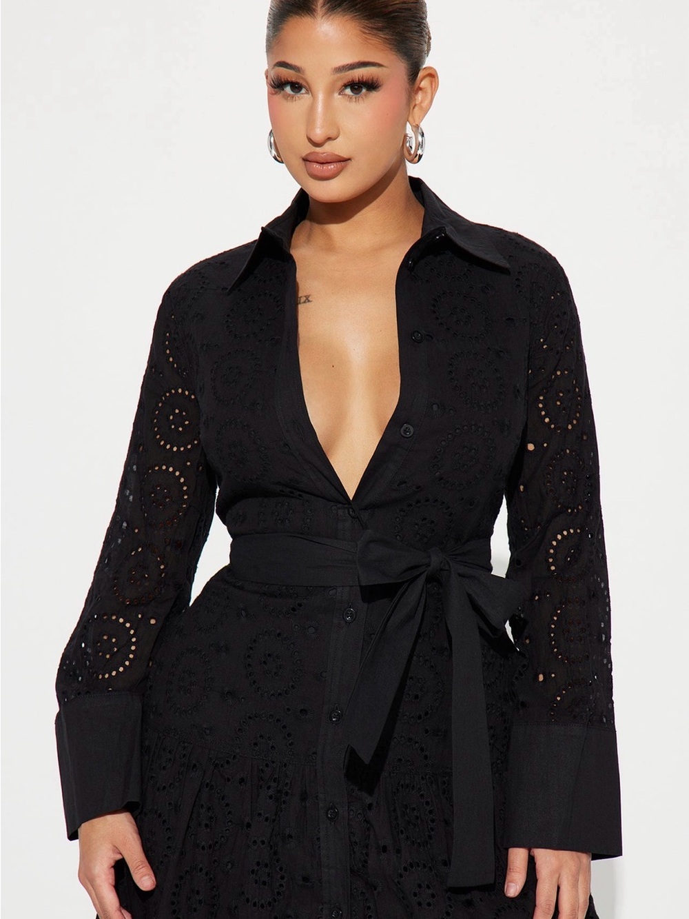 Black Eyelet Tie-Waist Shirt Dress